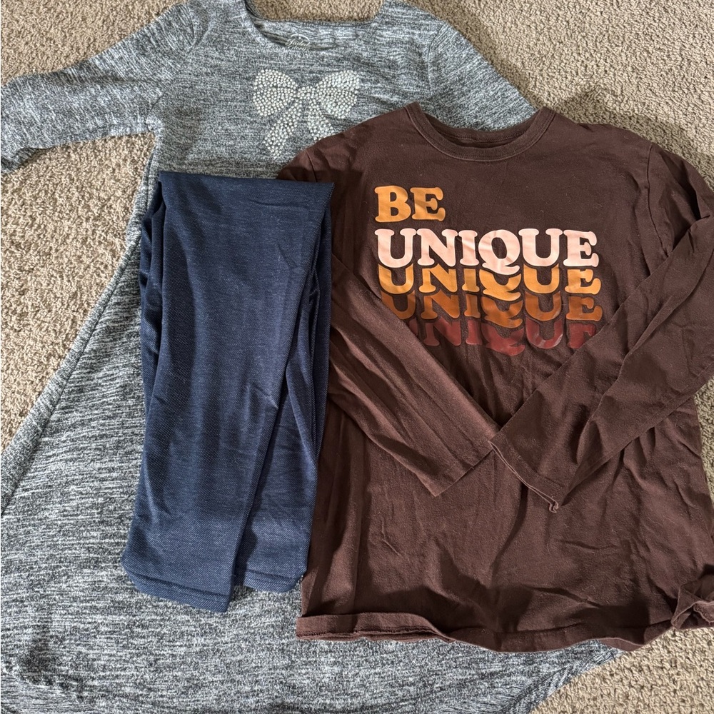 10/12 Brown Graphic Tee and Gray Dress with Blue Leggings